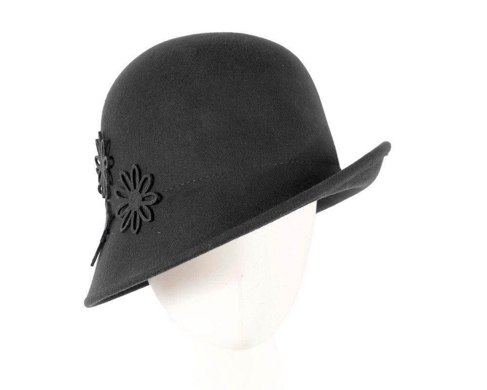 Black felt cloche hat with flowers by Max Alexander-0